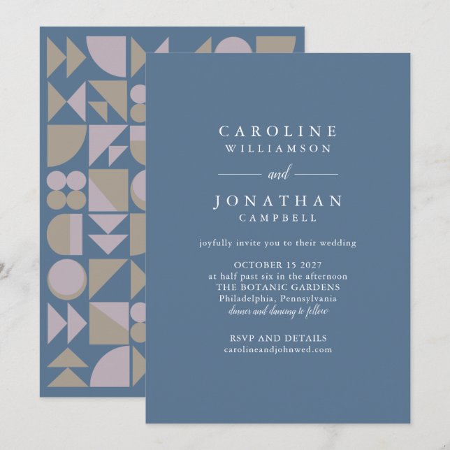 Convites Na moda Modern Geométrico Blue Taupe Casamento Lil (Frente/Verso)