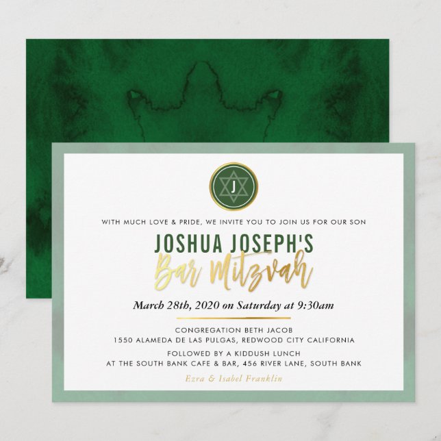 Convites NA MODA MONOGRAM BAR MITZVAH para prender ouro ver (Frente/Verso)