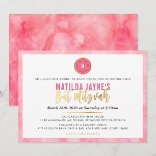 Convites NA MODA MONOGRAM BAT MITZVAH - coral - dourado