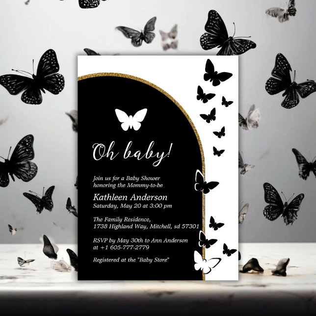 Convites Na moda, Preto E Branco, Chá de fraldas Neutro De  (Stylish Black And White Gender Neutral Baby Shower Invitation)