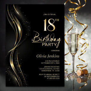 Convites Na moda preto e Dourado 18ª Festa de aniversário