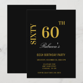 Convites Na moda preto e Dourado 60.a Festa de aniversário