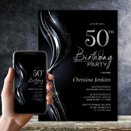 Convites Na moda preto e prata 50ª Festa de aniversário