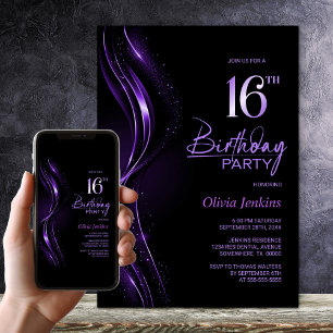 Convites Na moda preto e roxo 16ª Festa de aniversário