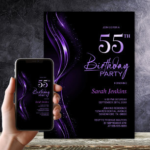 Convites Na moda preto e roxo 55.a Festa de aniversário