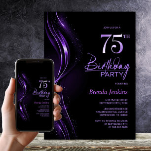 Convites Na moda preto e roxo 75.a Festa de aniversário