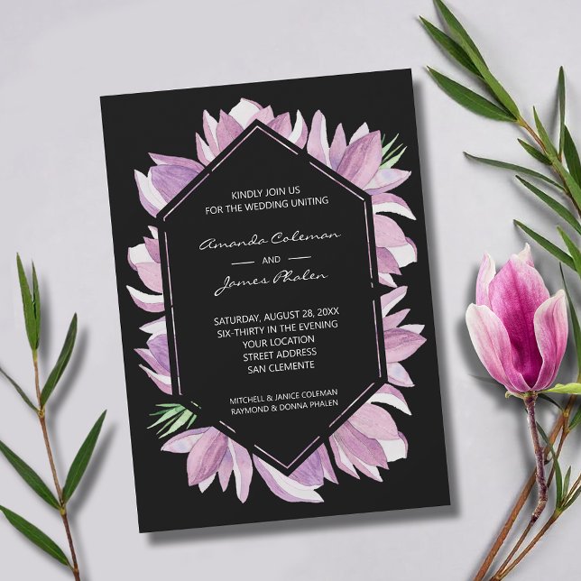 Convites Na moda Purple Watercolor Magnolias Casamento (Elegant purple and white magnolias square wedding invitations - INSTANT DOWNLOAD and/or PRINTED)