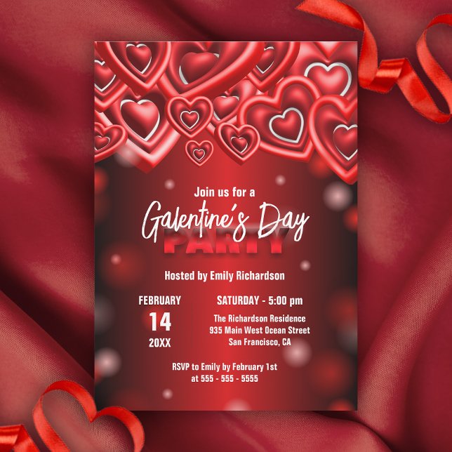 Convites Na moda Red Glossy Hearts Galentine Day Party (Criador carregado)