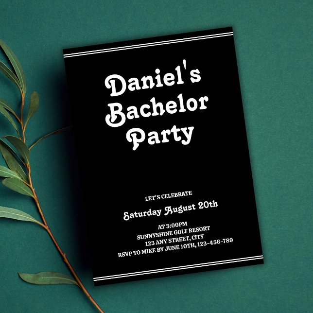 Convites Na moda Retro Black Simple Groovy Party (Retro Black Simple Groovy Stylish Bachelor Party Invitation)
