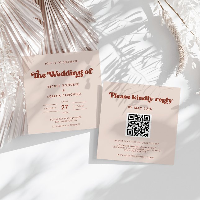 Convites Na moda retro Casamento Peach Pink Square (Criador carregado)