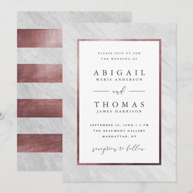 Convites Na moda Rosa Dourado e Casamento Branco Marble (Frente/Verso)