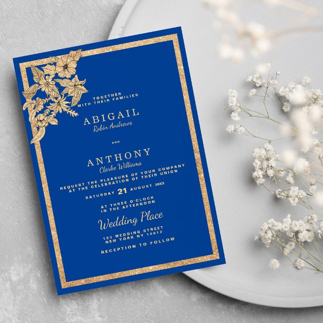 Convites Na moda Royal Blue Glitter Casamento Floral Dourad (Stylish Royal Blue Gold Glitter Floral Wedding Invitation )
