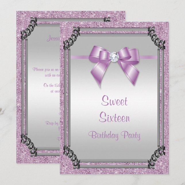 Convites Na moda Silver Frame & Lilac Posh Gem Arco Sweet 1 (Frente/Verso)