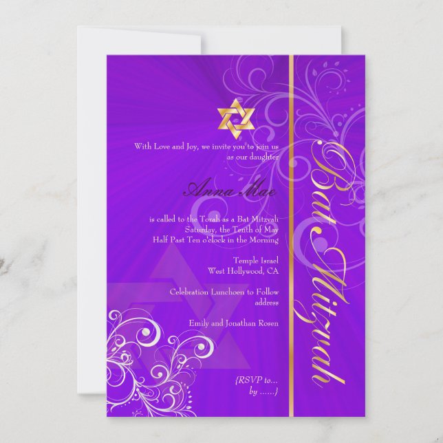 Convites Na moda Swirls Bat Mitzvah/indigo/ouro (Frente)