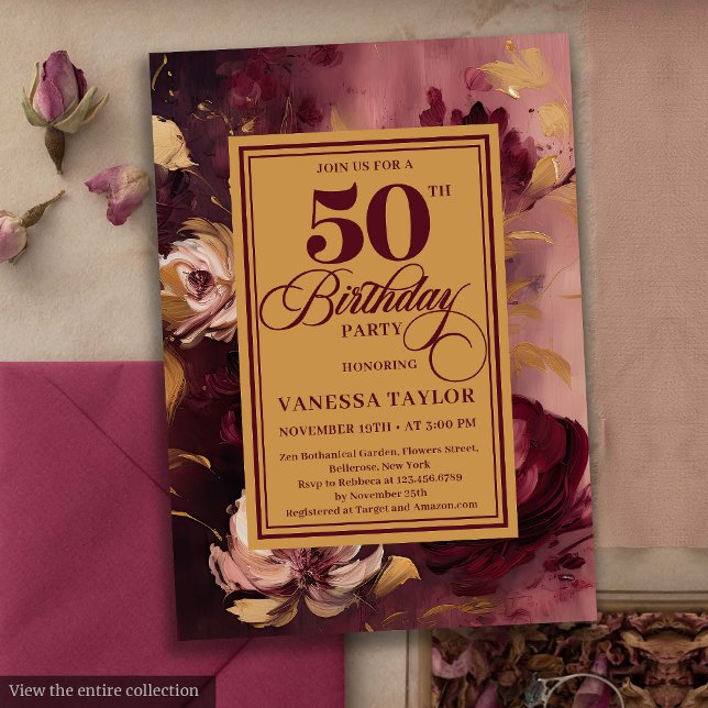 Convites Na moda vermelho escuro rosas de ouro branco 50 an (Stylish dark red blush gold roses 50th birthday invite

)