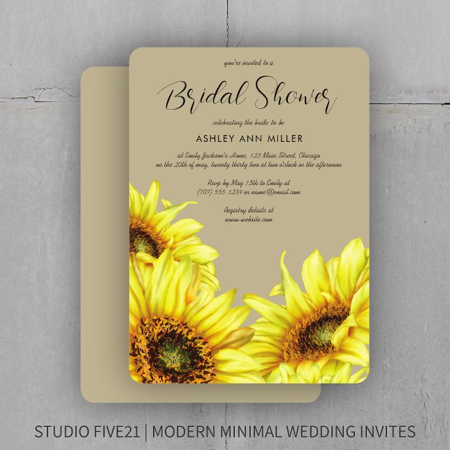Convites Na moda Watercolor Chá de casamento Sunflower Khak (Criador carregado)