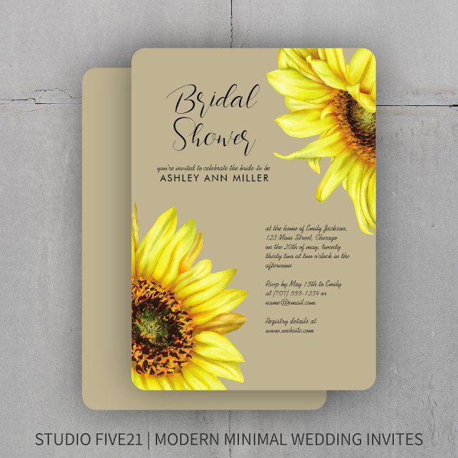 Convites Na moda Watercolor Chá de casamento Sunflower Khak (Criador carregado)