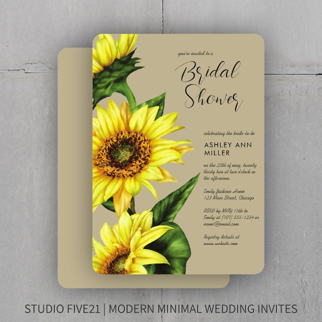 Convites Na moda Watercolor Chá de casamento Sunflower Khak (Criador carregado)
