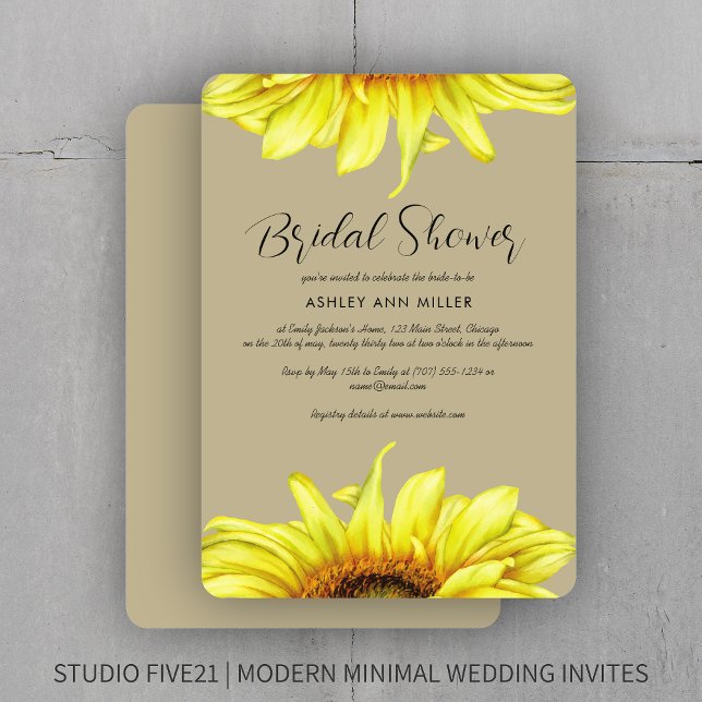 Convites Na moda Watercolor Chá de casamento Sunflower Khak (Criador carregado)