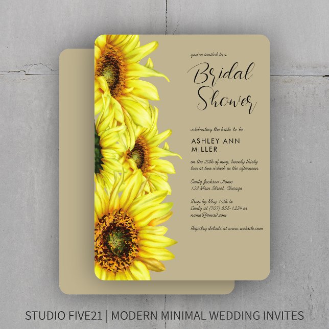 Convites Na moda Watercolor Chá de casamento Sunflower Khak (Criador carregado)