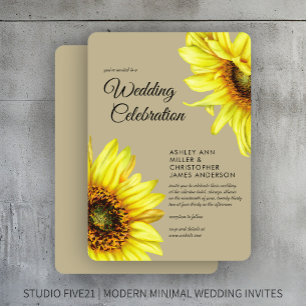 Convites Na moda Watercolor Sunflower Khaki Casamento