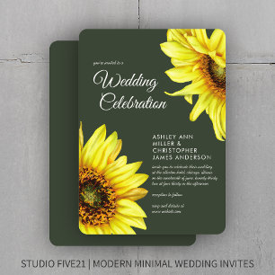 Convites Na moda Watercolor Sunflower Moss Casamento Verde