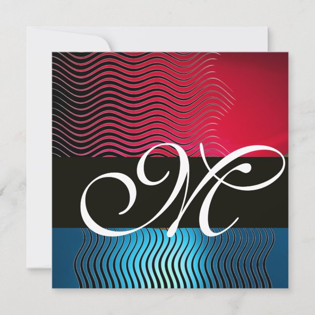 Convites NA MODA WAVES MONOGRAM,Blue Sapphire,Red Burgundy (Frente)