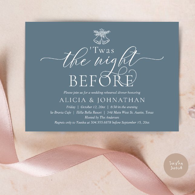 Convites Na Noite Anterior, Este Janto De Ensaio De Casamen (The Night Before, Twas Wedding Rehearsal Dinner Party Invites Card mistletoe wedding bell dusty Blue)