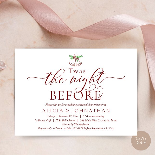 Convites Na Noite Anterior, Este Janto De Ensaio De Casamen (The Night Before, Twas Wedding Rehearsal Dinner Party Invites Card mistletoe wedding bell burgundy)