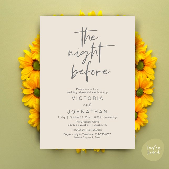 Convites Na Noite Anterior, Festa de Janto de Ensaio de Cas (The Night Before, Wedding Rehearsal Dinner Party Invites Card PDF Romantic Modern Casual Cream Grey)