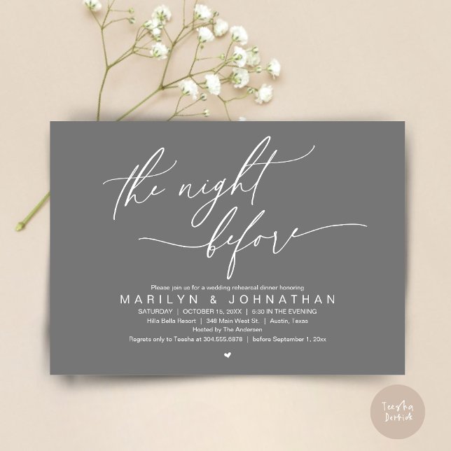 Convites Na Noite Anterior, Festa de Janto de Ensaio de Cas (The Night Before, Romantic Modern Wedding Rehearsal Dinner Party Invitation Card PDF Dark Grey)