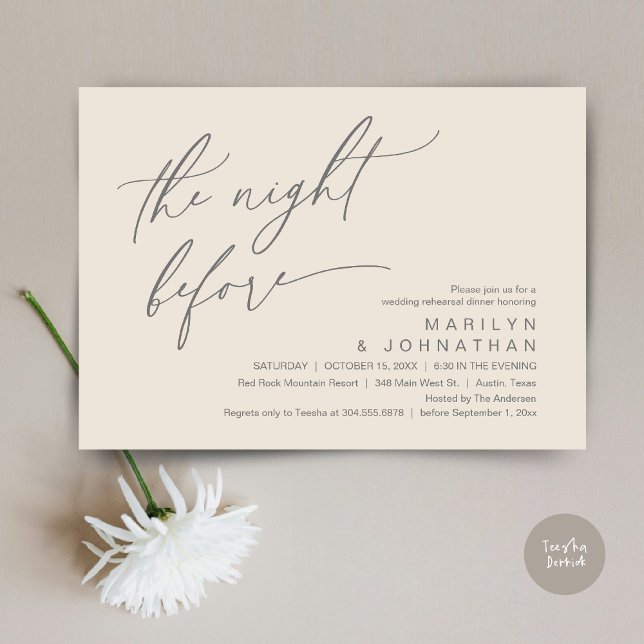 Convites Na Noite Anterior, Festa de Janto de Ensaio de Cas (The Night Before, Romantic Modern Wedding Rehearsal Dinner Party Invitation Card PDF Cream Grey)