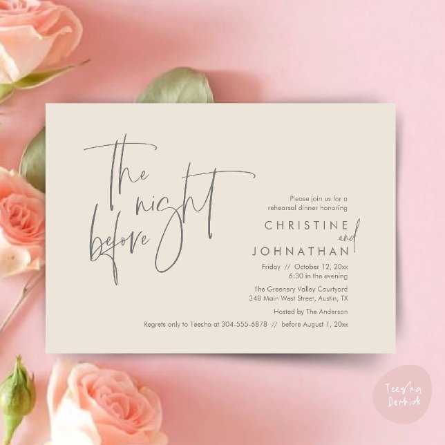Convites Na Noite Anterior, Janta De Ensaio De Casamento (The night before, Casual Modern Wedding Rehearsal Dinner Invitation Card PDF Cream Grey)