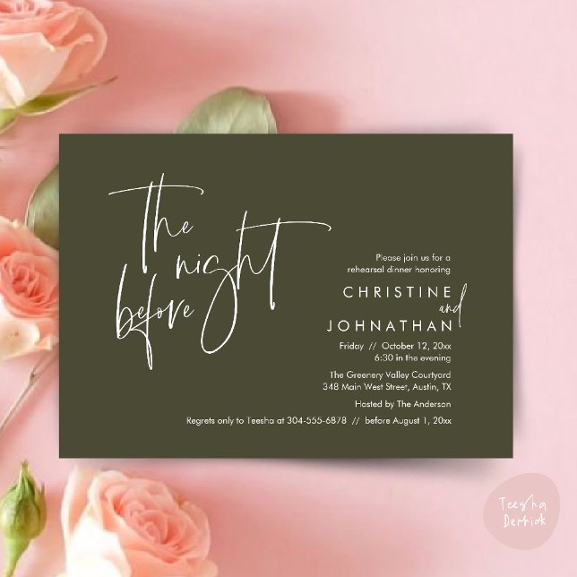 Convites Na Noite Anterior, Janta De Ensaio De Casamento (The night before, Casual Modern Wedding Rehearsal Dinner Invitation Card PDF Olive Green)