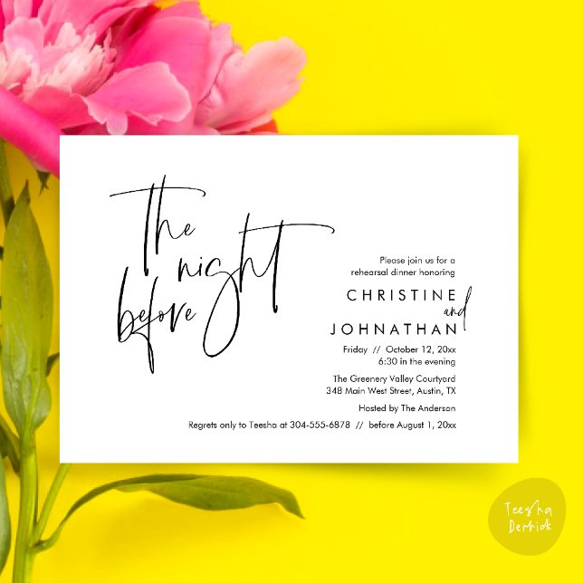 Convites Na Noite Anterior, Janta De Ensaio De Casamento (The night before, Casual Modern Wedding Rehearsal Dinner Invitation Card PDF Black White)