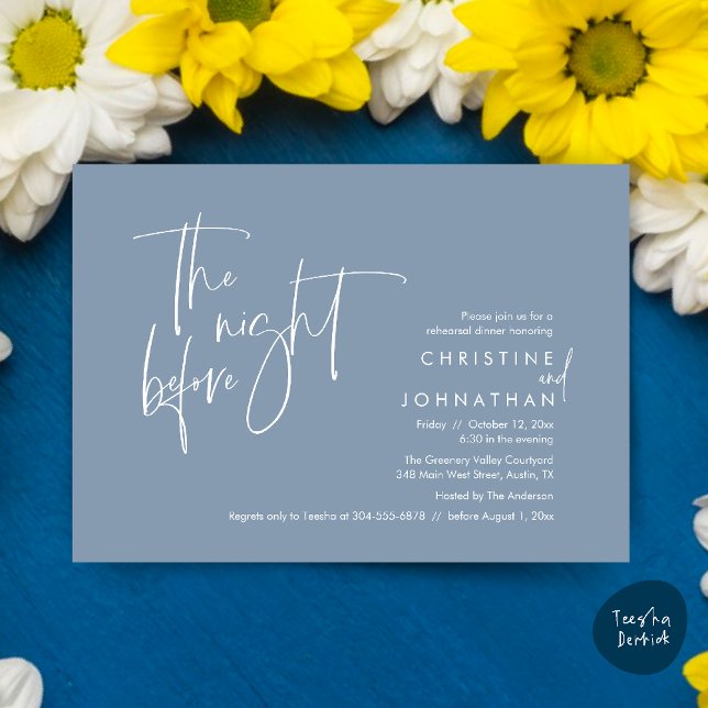 Convites Na Noite Anterior, Janta De Ensaio De Casamento (The night before, Casual Modern Wedding Rehearsal Dinner Invitation Card PDF Dusty Blue)