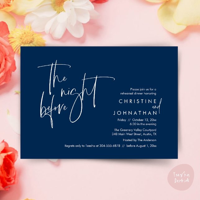 Convites Na Noite Anterior, Janta De Ensaio De Casamento (The night before, Casual Modern Wedding Rehearsal Dinner Invitation Card PDF Navy Blue)