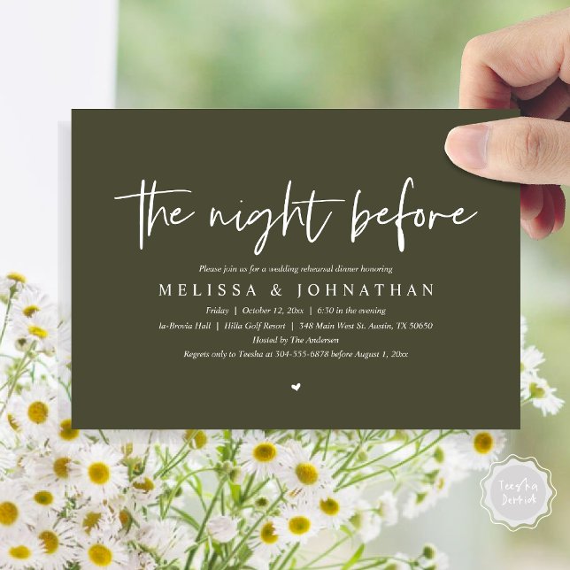 Convites Na Noite Anterior, Janta De Ensaio De Casamento (The Night Before, Wedding Rehearsal Dinner Invitation Card, Modern Casual Script, in Olive Green)