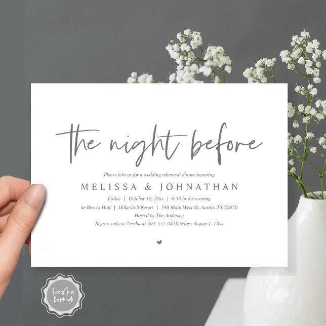 Convites Na Noite Anterior, Janta De Ensaio De Casamento (The Night Before, Wedding Rehearsal Dinner Invitation Card, Modern Casual Script, in dark grey)