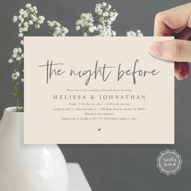 Convites Na Noite Anterior, Janta De Ensaio De Casamento (The Night Before, Wedding Rehearsal Dinner Invitation Card, Modern Casual Script, in grey cream)