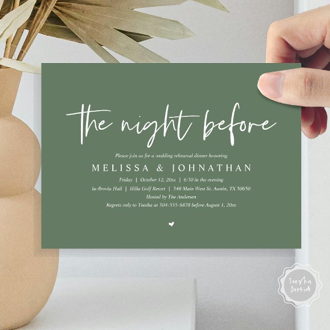 Convites Na Noite Anterior, Janta De Ensaio De Casamento (The Night Before, Wedding Rehearsal Dinner Invitation Card, Modern Casual Script, in sage green)
