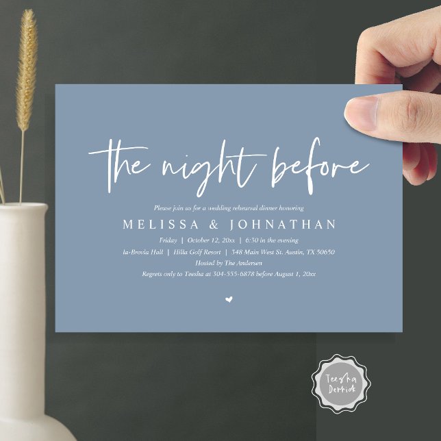 Convites Na Noite Anterior, Janta De Ensaio De Casamento (The Night Before, Wedding Rehearsal Dinner Invitation Card, Modern Casual Script, in dusty blue)
