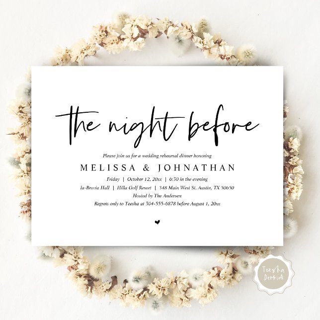 Convites Na Noite Anterior, Janta De Ensaio De Casamento (The Night Before, Wedding Rehearsal Dinner Invitation Card, Modern Casual Script, in Black and White)