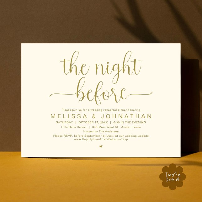 Convites Na Noite Anterior, Janta De Ensaio De Casamento (The Night Before, Wedding Rehearsal Dinner Romantic Party Invitation Card Heart PDF Yellow Gold)