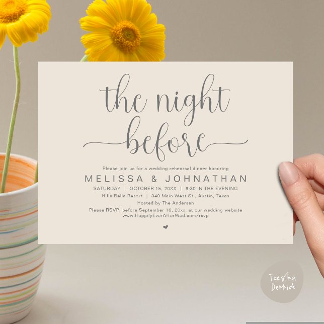 Convites Na Noite Anterior, Janta De Ensaio De Casamento (The Night Before, Wedding Rehearsal Dinner Romantic Party Invitation Card Heart PDF Cream Grey)