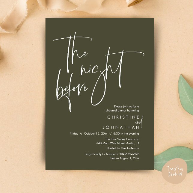 Convites Na noite anterior, Janto de ensaio casual de casam (The night before, Casual Modern Wedding Rehearsal Dinner Invitation Card PDF Olive Green)