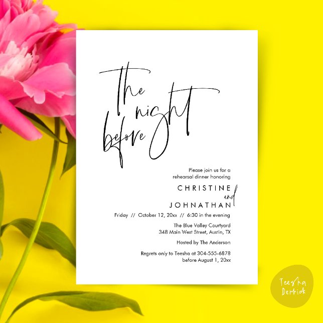 Convites Na noite anterior, Janto de ensaio casual de casam (The night before, Casual Modern Wedding Rehearsal Dinner Invitation Card PDF Black White)