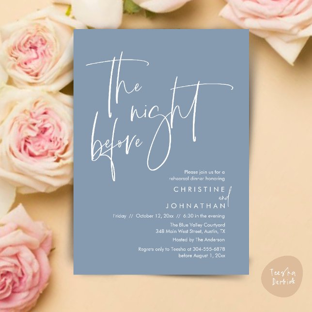 Convites Na noite anterior, Janto de ensaio casual de casam (The night before, Casual Modern Wedding Rehearsal Dinner Invitation Card PDF Dusty Blue)