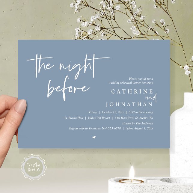 Convites Na noite anterior, Janto de ensaio de casamento (The night before, Wedding Rehearsal Dinner Invitation Card, PDF, in Dusty Blue)