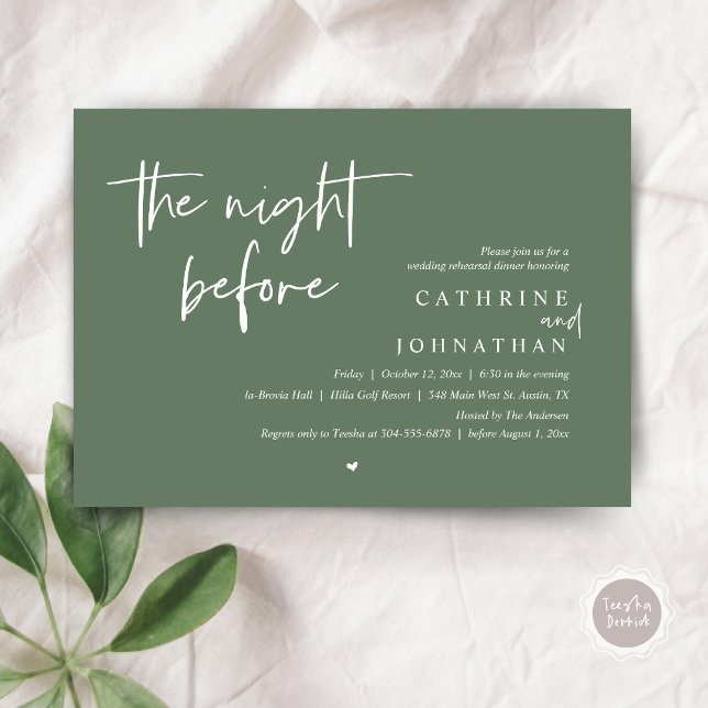 Convites Na noite anterior, Janto de ensaio de casamento (The night before, Wedding Rehearsal Dinner Invitation Card, PDF, in Forest Sage Green)